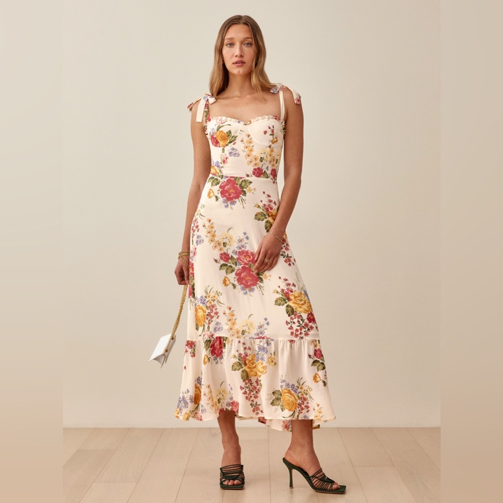 Reformation Cream Floral Midi Dress with Pink & Yellow Roses